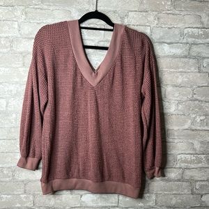 V Neck Long Sleeve Waffle Knit Off Shoulder Oversized Pullover Medium